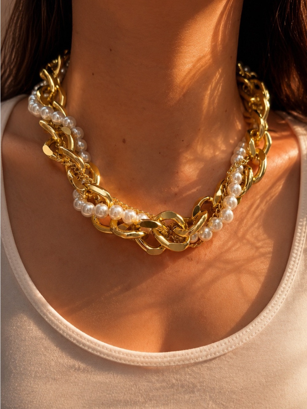 Gold and White Pearl Layered Chain Necklace